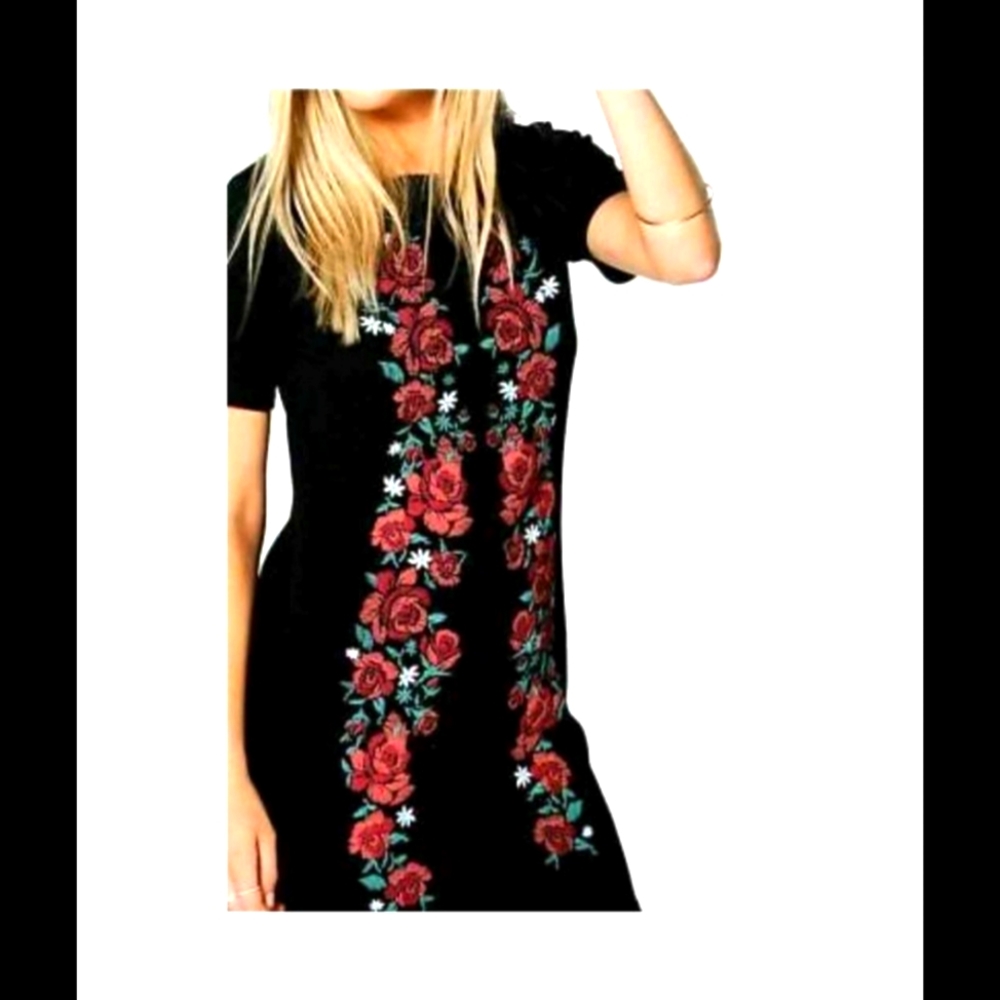 Black dress with red and green flowers in front size 6